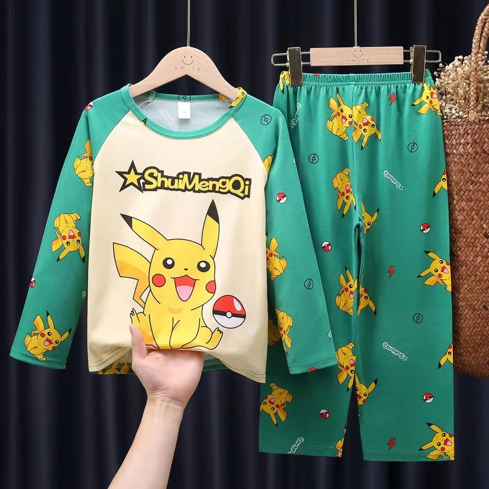 Children's Pyjamas Pikachu Set Kids Sleepers Boys Girls Cartoon Long Sleeve Sleepwear 3-14T Teenage Home Clothes Pajama Pijama