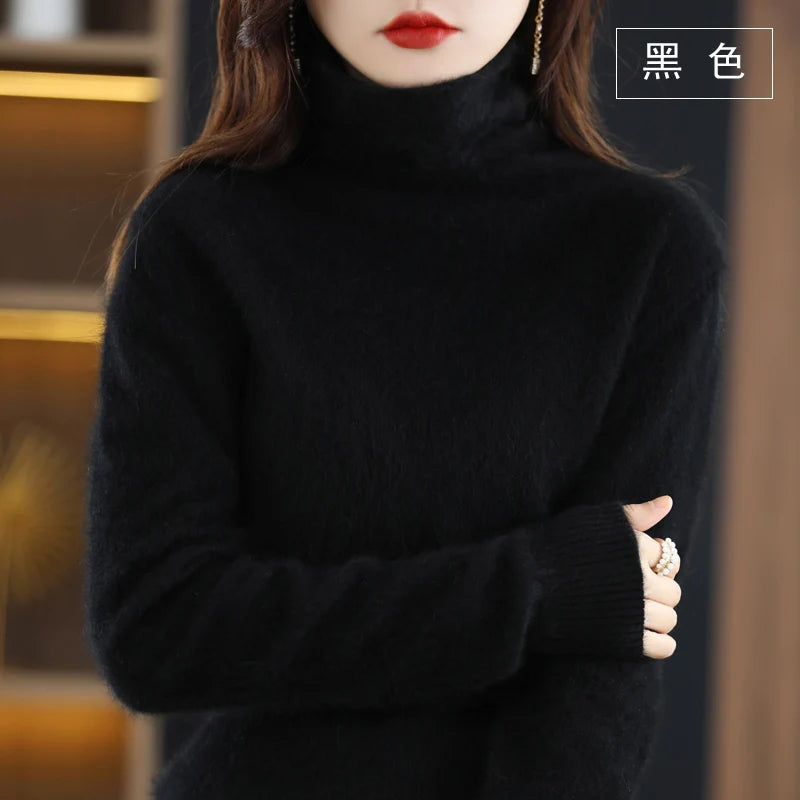 Women's Pile Collar 100% Mink Cashmere Sweater Winter High Collar Knitted Pullover Casual Short Thick Tops Loose Warm Base Shirt