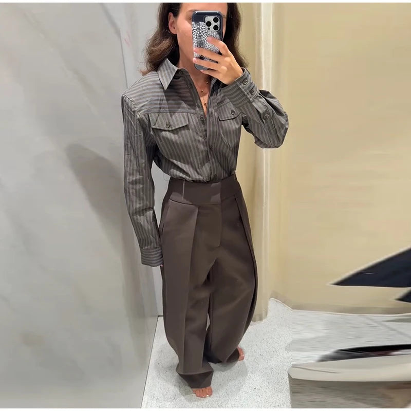 Multicolor Striped Shirt 2 Picec Set Button Front Blouse High Waist Flared Hem Maxi Skirt 2026 Summer Elegant Lady Vacation Suit