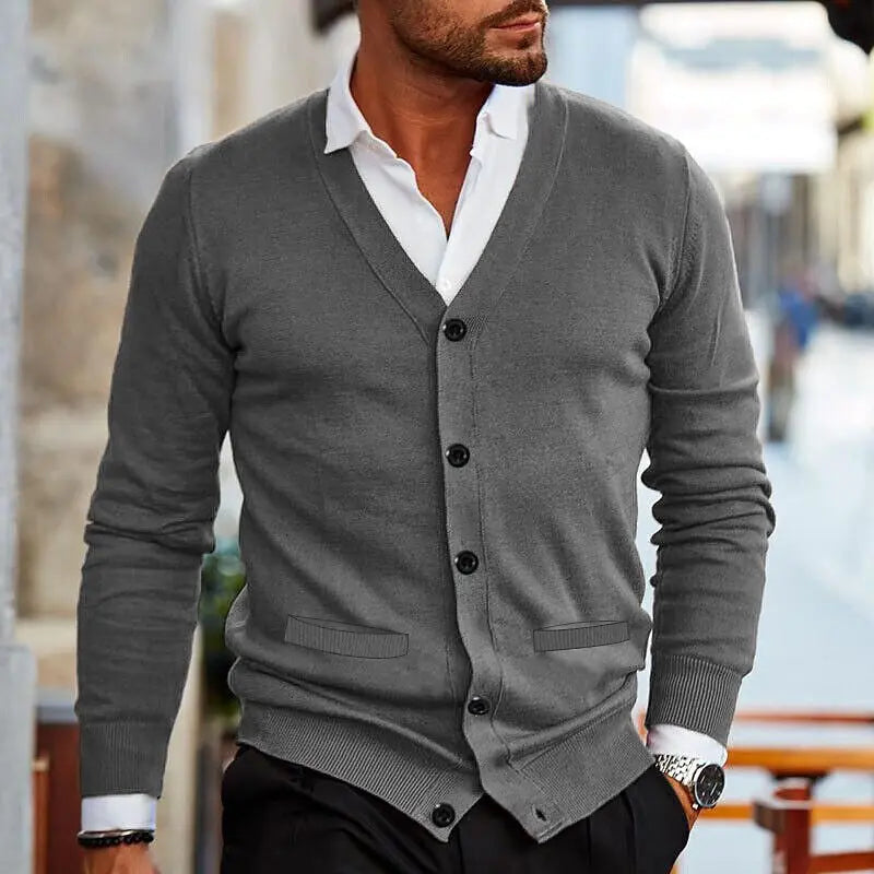 Spring Autumn Mens Solid Color Knitted Cardigan Fashion V-Neck Long Sleeve Slim Fit Sweater Coat with Pockets Men Knit Outwear