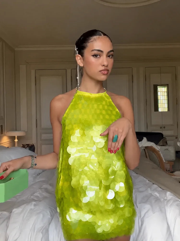 Women's 2026 Light Blue Halter Sequin Dress Sleeveless Loose Large Sequin A-Line Mini Dress Summer Evening Party Shining Gown