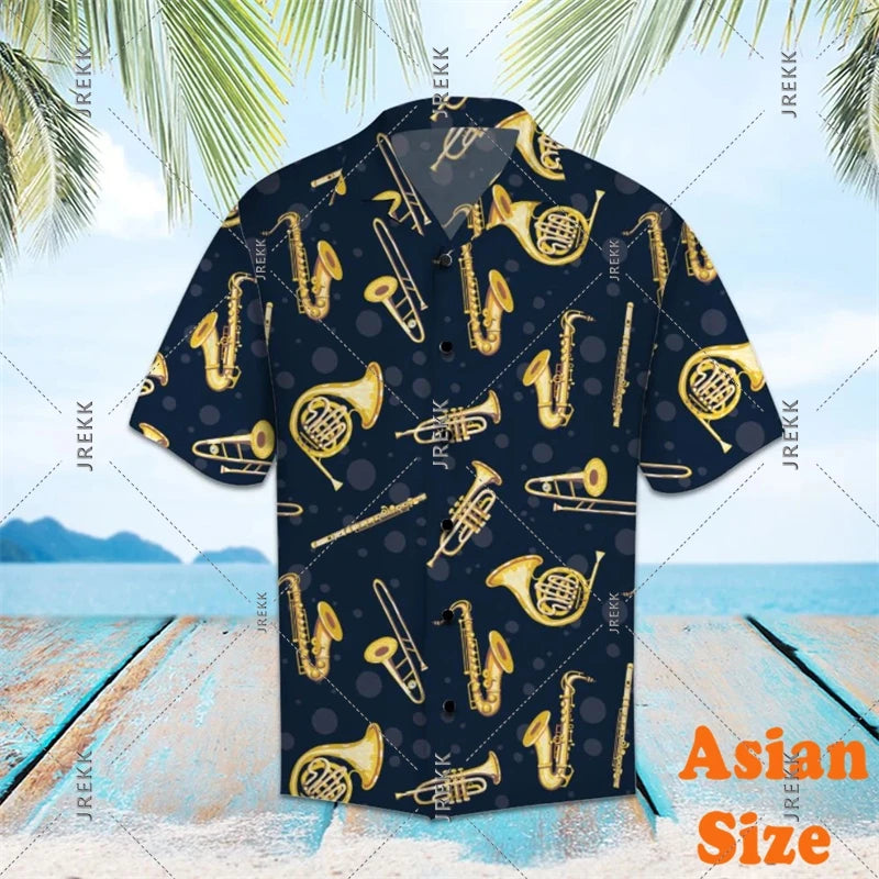 DJ Music Party Neon Print Hawaii Shirt Men's Clothing Cool Guitar Streetwear Shirts Bar Personality Trend Button Blouse 2025
