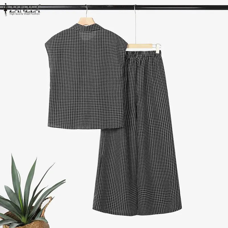 2026 ZANZEA Summer 2 Pieces Sets Elegant Lapel Neck Sleeveless Shirt Pant Sets Plaid Tracksuit Stylish Women OL Work Outfits