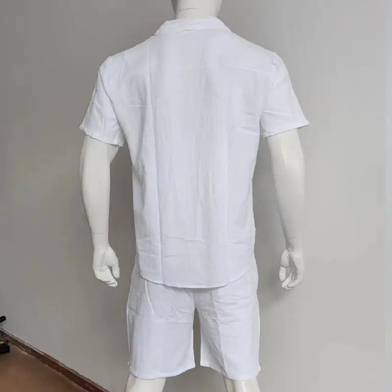 2026 Men's Summer Solid Casual Sets Comfy Cotton Linen Short Sleeve Lapel Shirt and Shorts Two Piece Sets Men Loose Sport Outfit