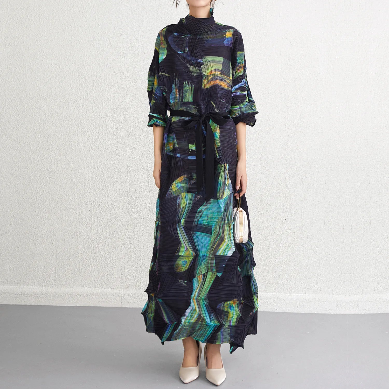 Miyake Fold 2025 Spring New Dress Women's Irregular Print Fold Waist Advanced Sense Dress