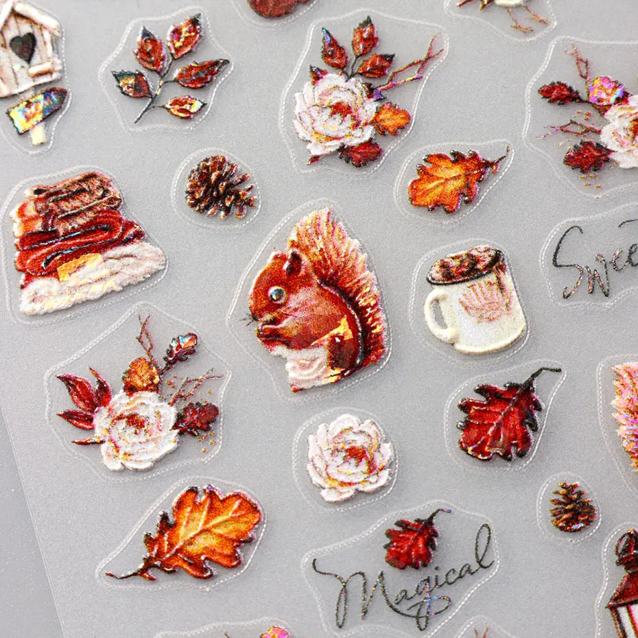 2/4pcs 5D Laser Autumn Bird Decals Fall Embossed Maple Leaves Squirrel Nail Sticker Fruits Flower Engraved Charm Manicure Decor