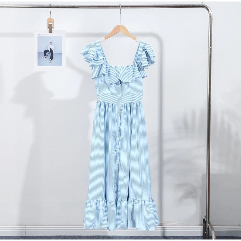 Fashionable Striped Ruffle Pleated Women's Dress Elegant Solid Square Neck Single Button Dresses Female Summer Chic Casual