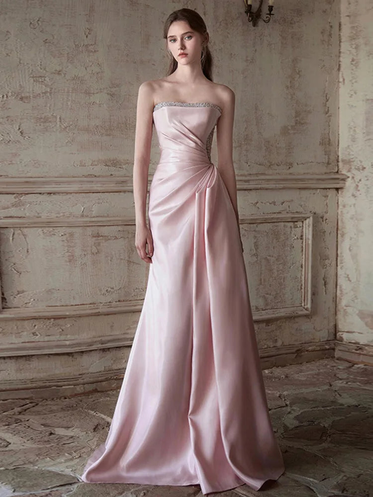 Pink Strapless French Evening Gown 2026 New High-end Annual Meeting Host Engagement Banquet Bride Toast Costume Customization