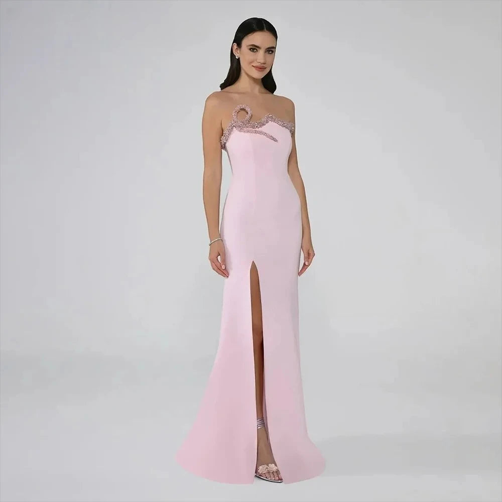 Customized Women's Pink Strapless Asymmetrical Crystal Embellished High Slit Fitted Mermaid Dress for Formal Wedding Guest Event