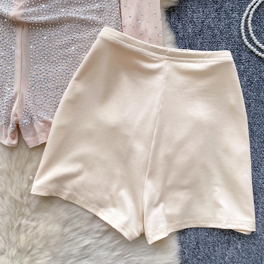 SINGREINY Summer Thin Sheer Sexy Bodysuit Long Sleeve Zipper With Shorts Design Rompers Beadings Streetwear Women Mesh Playsuits