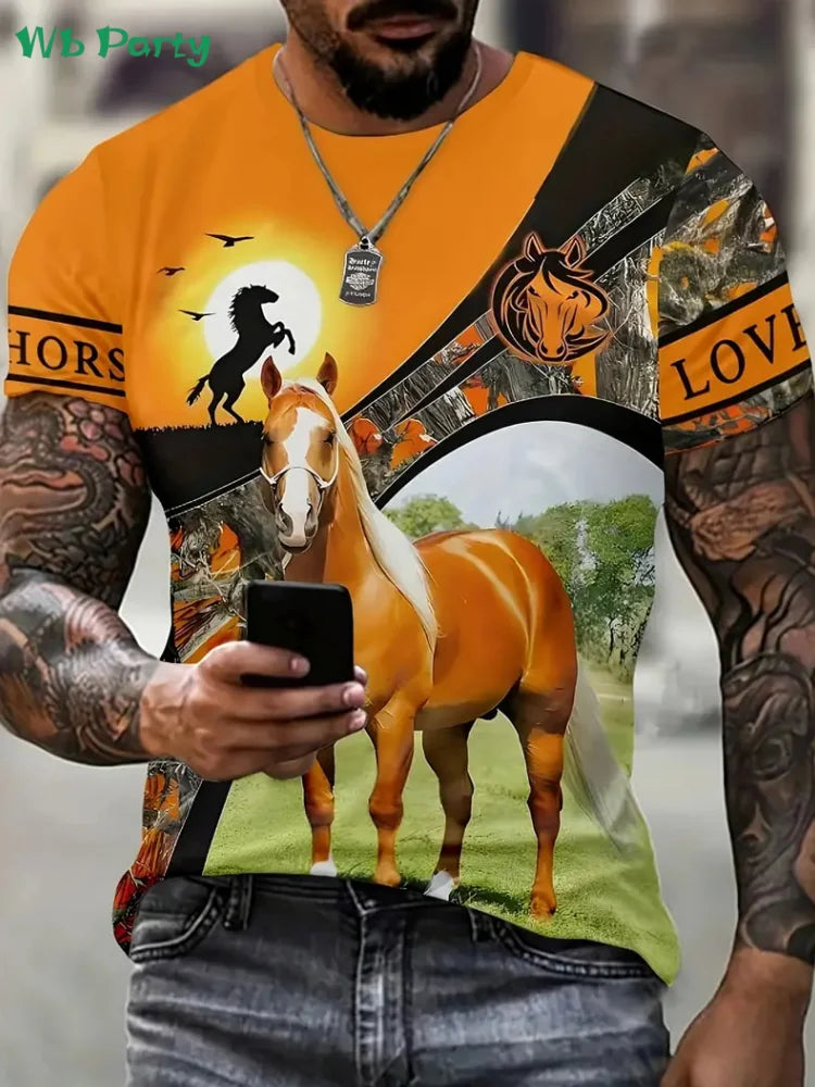 New Horse T-Shirts for Men Summer Outdoor Men Short Sleeve Animal Print Breathable Men's Clothing Fashion Round Neck Men's Tops