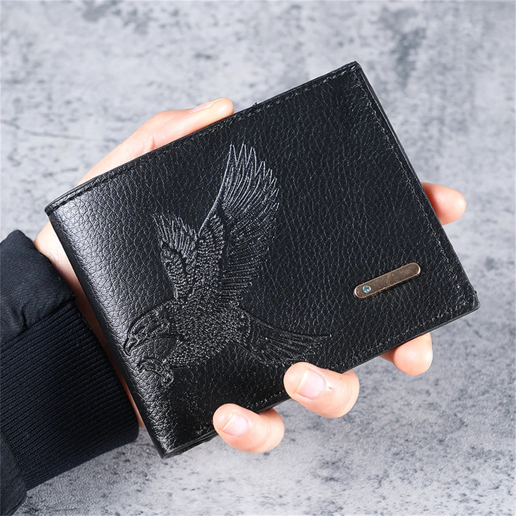 Men Slim Short Wallet Soft‑Leather Eagle‑Pattern High‑Appearance Coin Purse Card Holder For Student Youth Daily Travel Storage Accessory