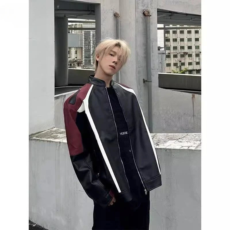 American Retro Motorcycle Jacket Men Women's High Street Spring Autumn Contrasting Color Splicing Design Handsome Bomber Coat