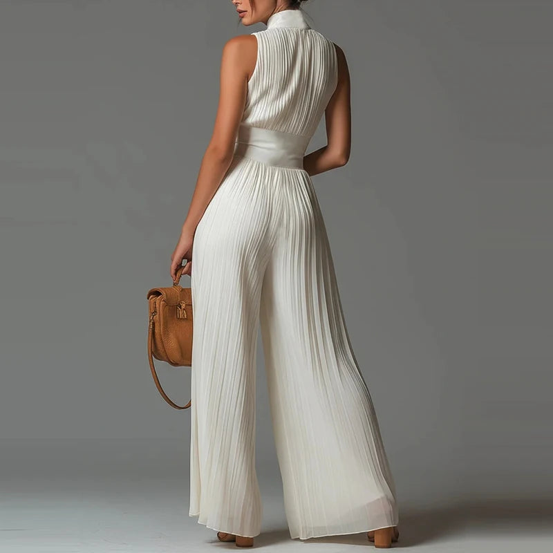Elegant High Neck Wide Leg Playsuit Sexy Hanging Neck Sleeveless High Waist Romper Casual Solid Pleated Office Commute Jumpsuit