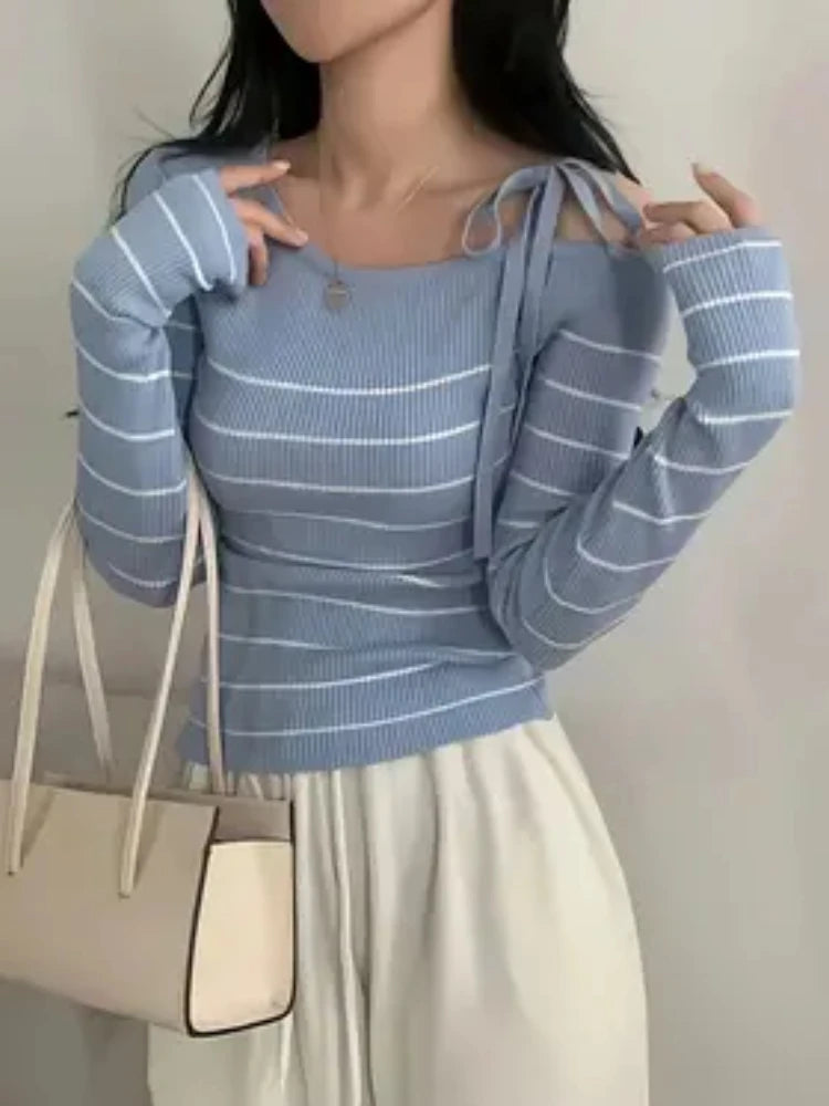 2026 New Women's Elegant Off-Shoulder Sweater T-Shirt Black White Striped with Adjustable Lace-Up Fall Winter Casual Chic Top
