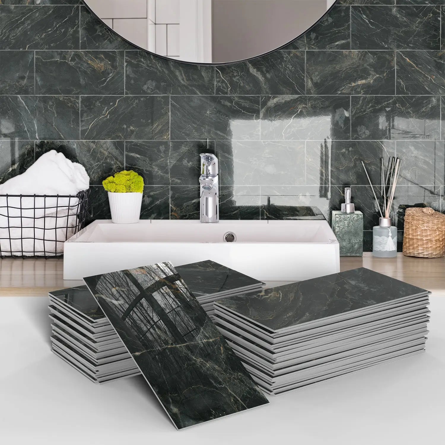 Marble Pattern Wall Sticker, 16/32/64pcs Peel & StickWall Decal, Waterproof Decorative Sticker For Home
