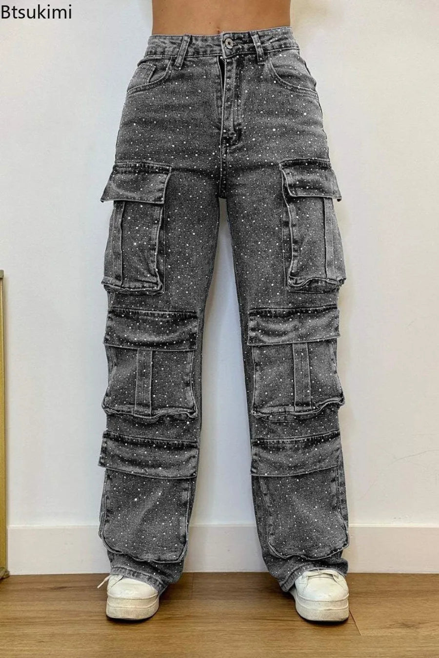 New 2026 Women's High Waist Cargo Denim Jeans with Full Rhinestones Sparkling Casual Baggy Pants Streetwear Chic Daily Trousers
