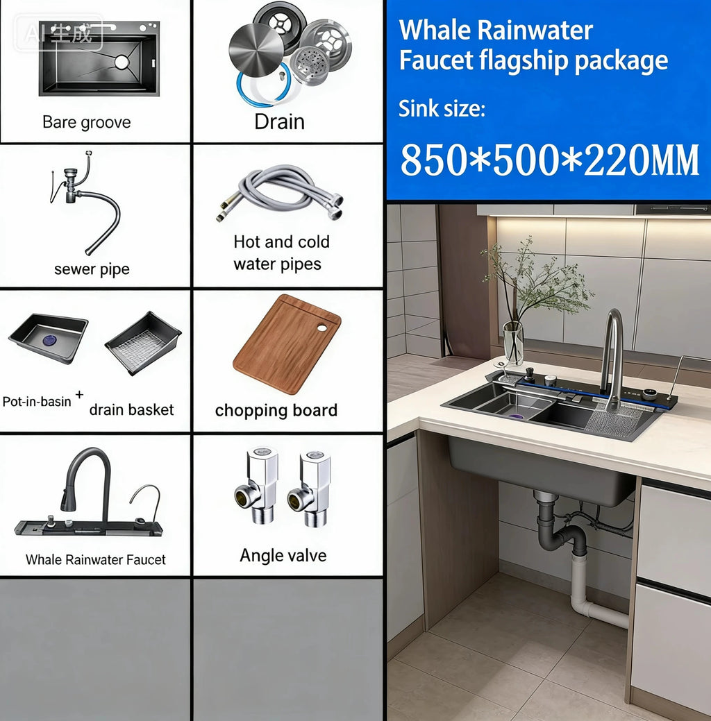Stainless Steel Waterfall Kitchen Sink Digital Display Extra Large Single Bowl Multifunctional Household Vegetable Washing Sink