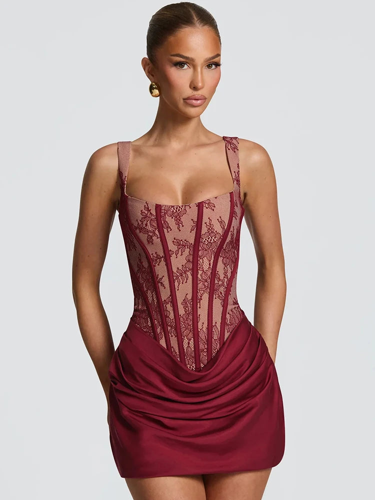 Mozision Lace Corset Mini Dress Women Square Neck Wide Strap Ruched Satin Bodycon Short Dress Club Party Cocktail Vestidos