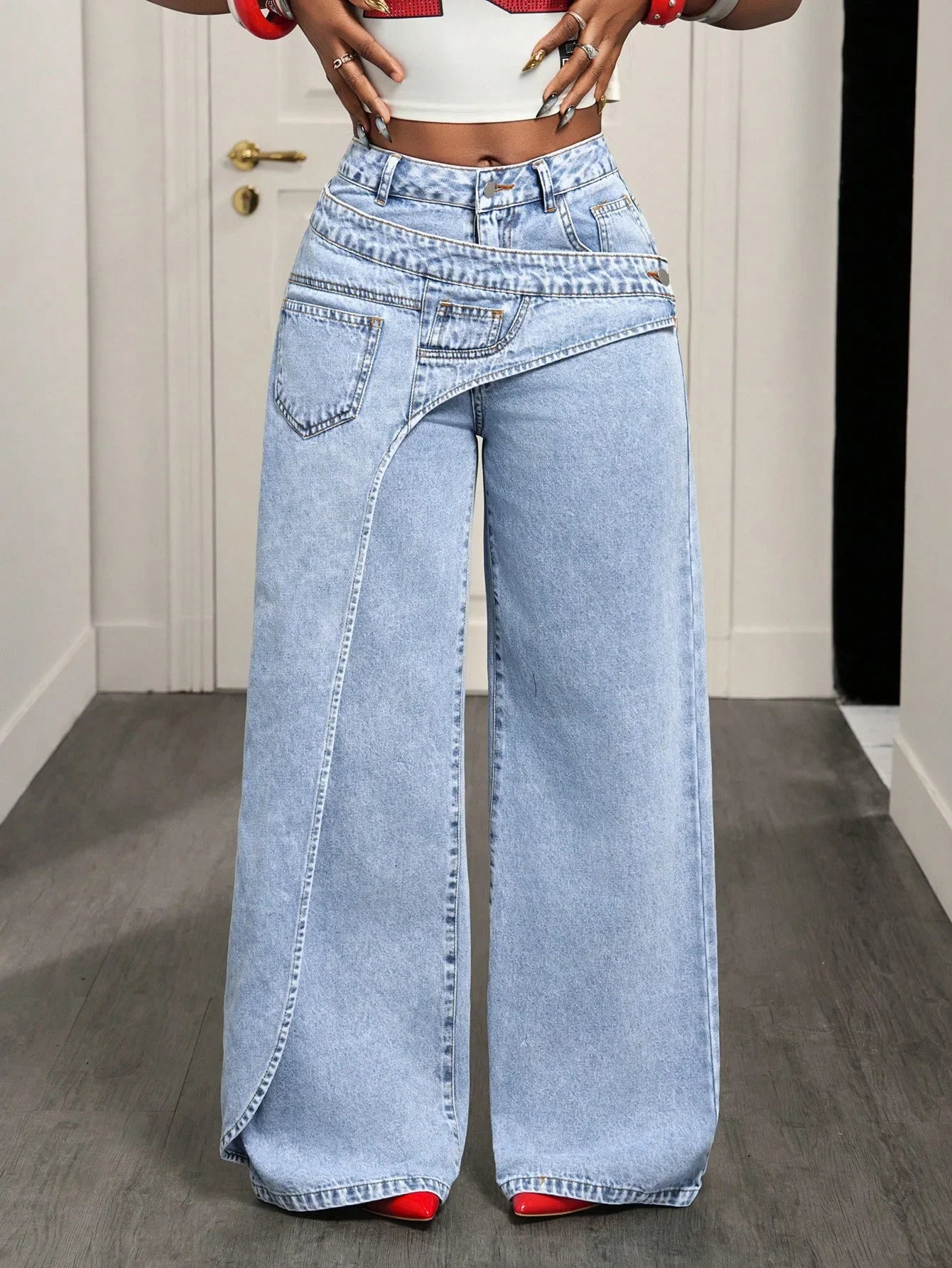 Denim Pant Women Jeans Vintage Wide Leg Long Pants High Waist Straight Trousers Y2k Streetwear Elegant Splice Work Casual Loose