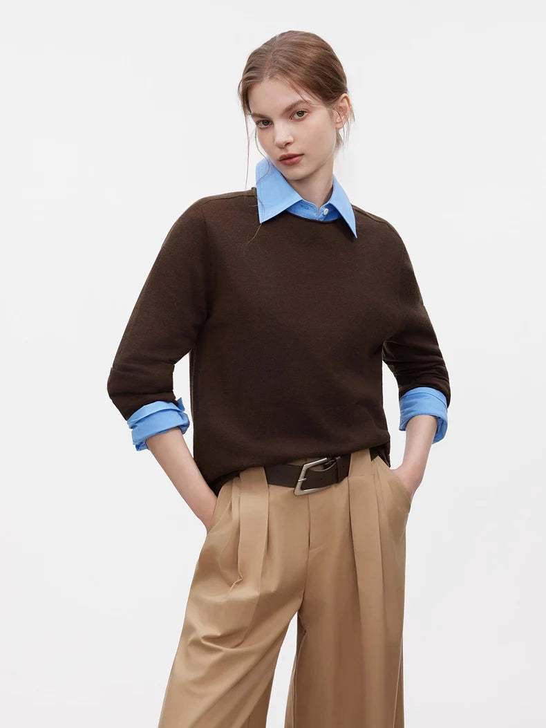 SuyaDream, Women Wool Pullovers, 5%Cashmere 92%Wool, Soft Cozy Sweaters, 2025 Fall Winter Basic Solid Knit Top