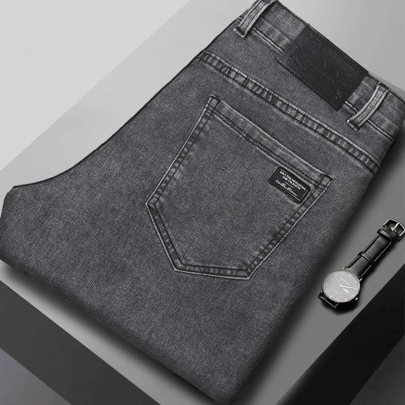 Men's Slim Jeans Korean Fashion Elastic Straight Casual Denim Pants Comfortable Work Male Spring Autumn Trousers Black Gray