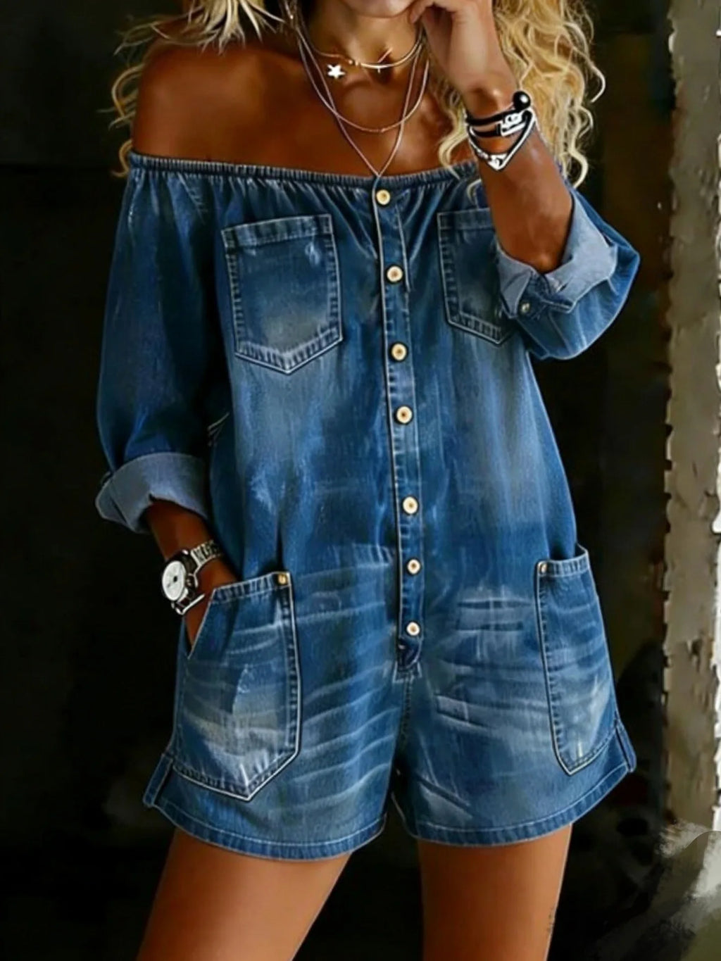2026 New Fashion Retro Off Shoulder Long Sleeve Loose Denim Washed Jumpsuit Shorts Women Casual Slim Fit Temperament Set