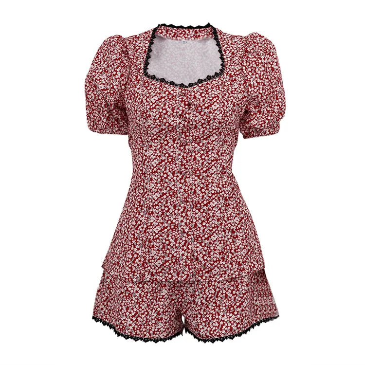 Sexy Slim Print 2 Piece Sets Women Outfit 2026 Summer Short Sleeve Shirt with High Waist Shorts Set Female Streetwear for Female