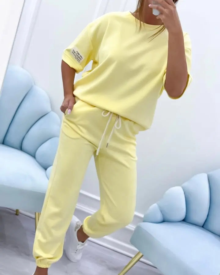 Fashion O Neck Short Sleeve Solid Color T-shirt Women Trousers 2-piece Set Summer Casual Sports Elastic Small Feet Trousers Suit