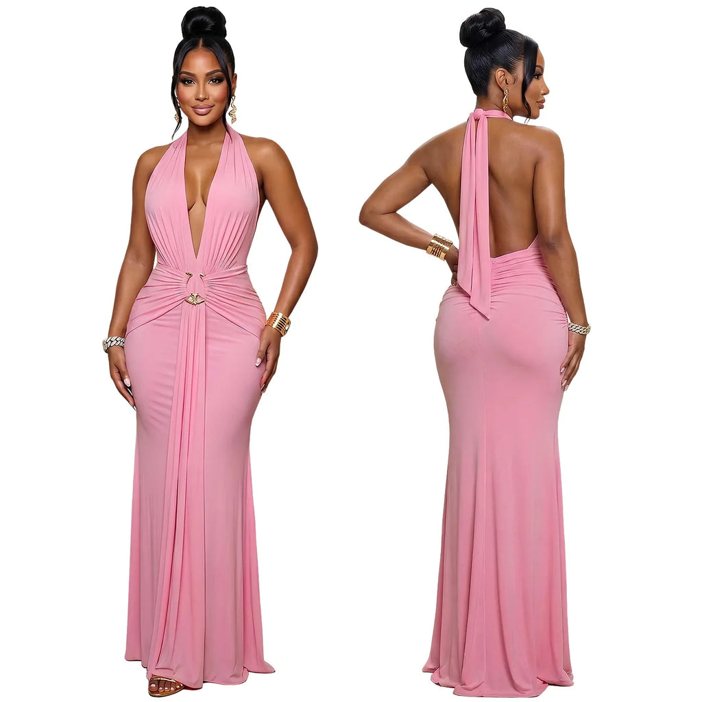 EINY Sexy Women White Halter Maxi Dress Elegant Backless Ruched Bodycon Long Gown Party Club Night Birthday Mermaid Dresses Y2K