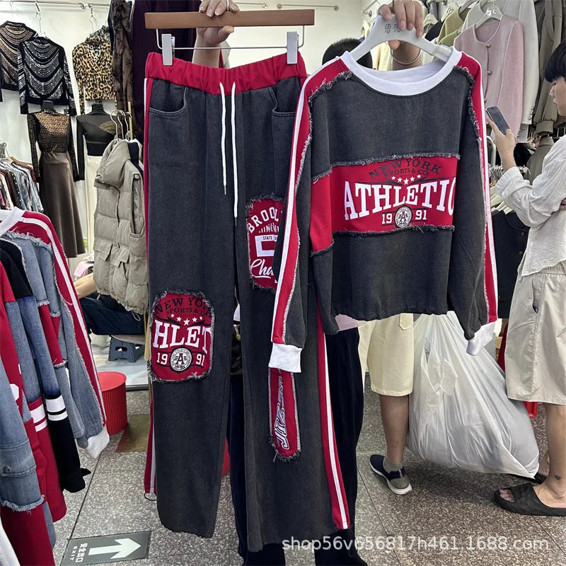 American Sports Two-piece Sets New Spring Colorblock Letters Printed Loose Denim Hoodie Top + Elastic Waist Casual Long Trousers