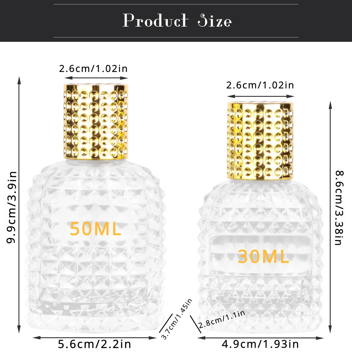 2pcs Perfume Bottle Spray Empty Perfume Atomizer Refillable with 3 Accessories Leak-proof Fine Mist Travel Bottle(30ml/50ml)