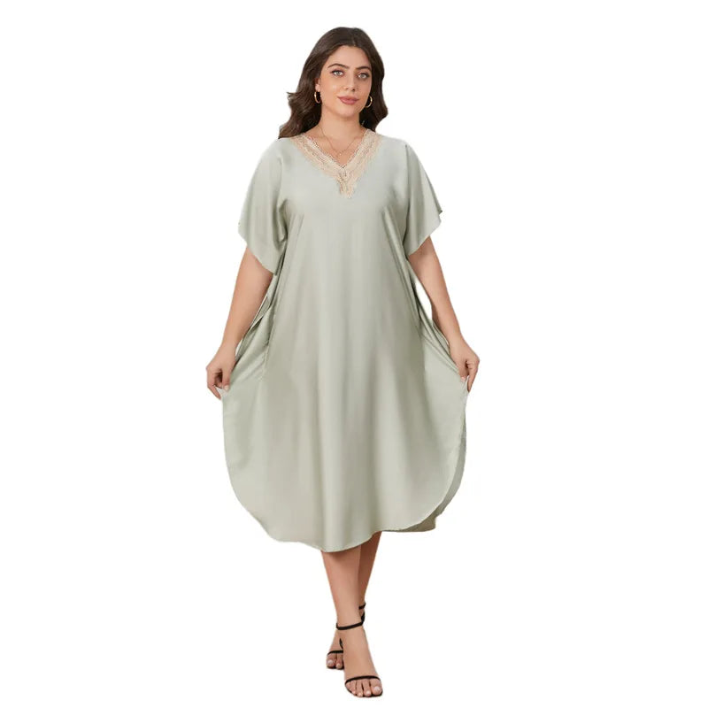 Sexy Lace V Neck Nightdress Women Night Dress Summer Short Sleeve Satin Sleepwear Loose Silky Long Nightgowns Overized