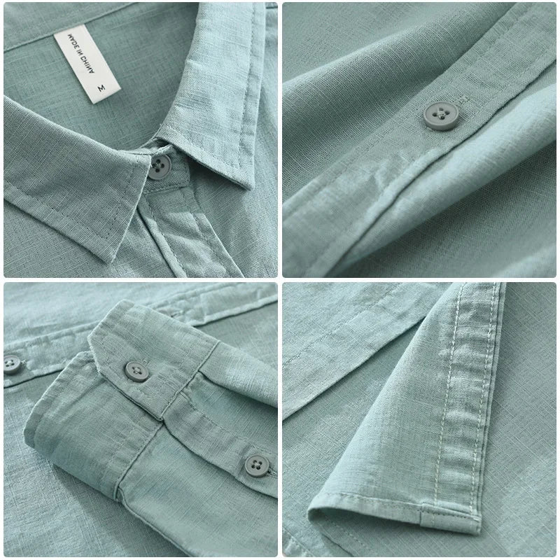 7369 Cotton Linen White Shirt for Men Good Quality Solid Color Simple Basic Long Sleeve Loose Casual Lapel Blouse Breathable Top