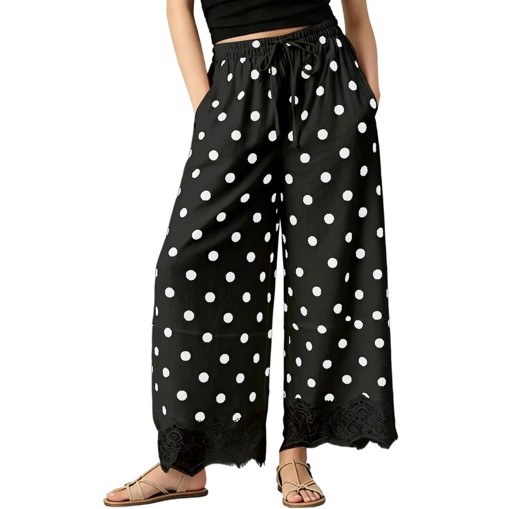 Vintage Polka Dot Women's Pants Lace Hem Loose Wide Leg Pants Drawstring Elastic Waist Side Pocket Baggy Trousers Pantalones