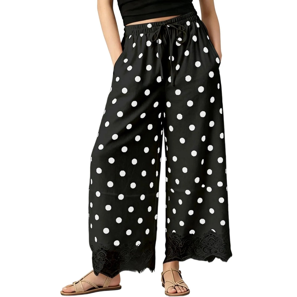 Vintage Polka Dot Women's Pants Lace Hem Loose Wide Leg Pants Drawstring Elastic Waist Side Pocket Baggy Trousers Pantalones