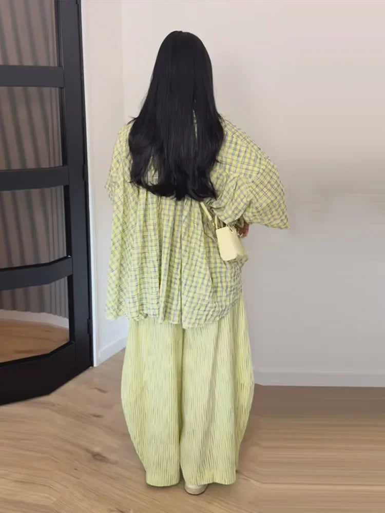 Casual Women's Plaid Blouse Pants Set Loose Lapel Single Breasted Half Sleeve Blouses Wide Leg Pant 2026 Summer Lady Suit