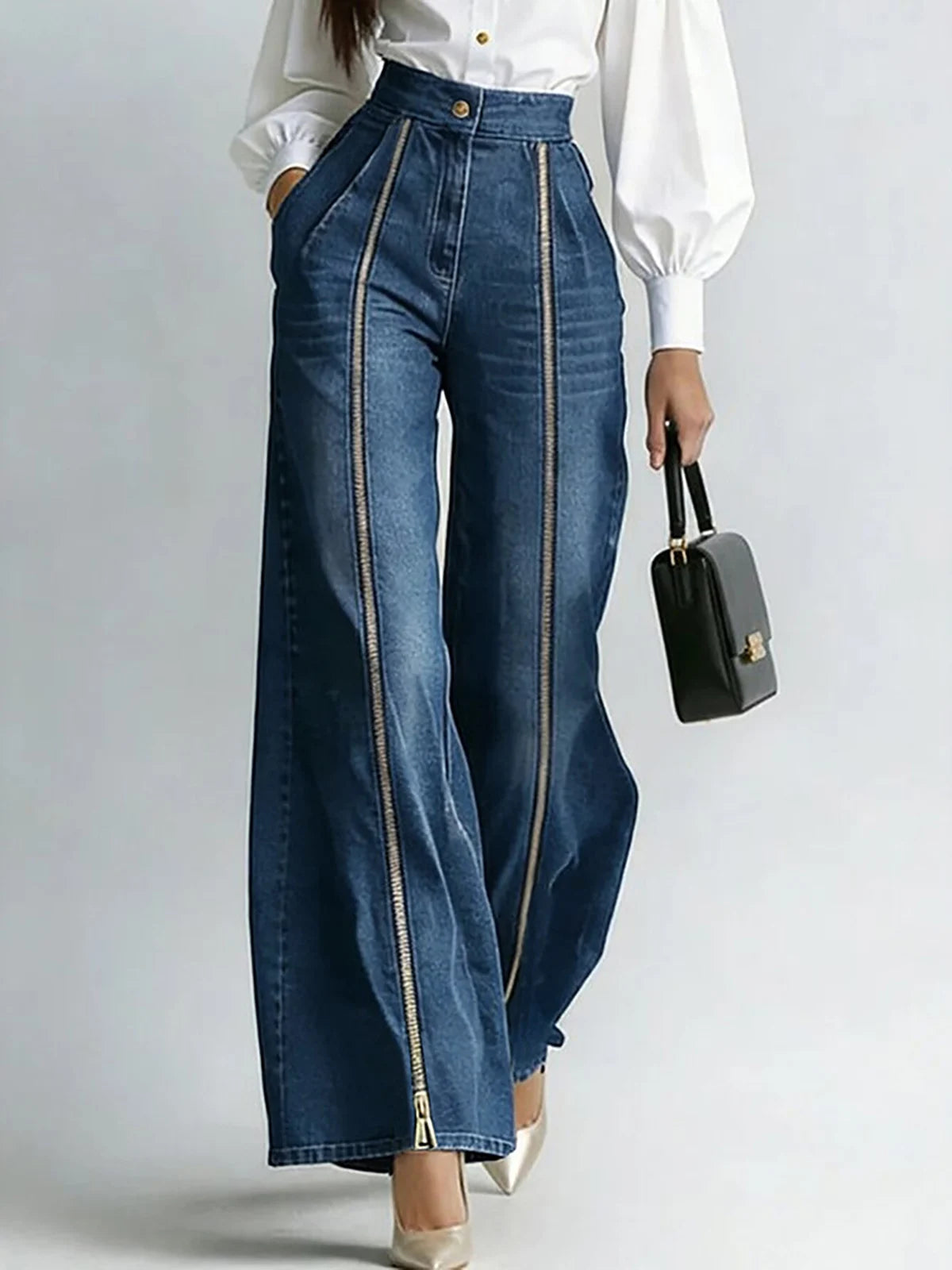 Women's Stylish Double Gold Zipper Denim Jeans Casual High Waist Vintage Straight Tube Wide Leg Flared Streetwear Denim Trousers