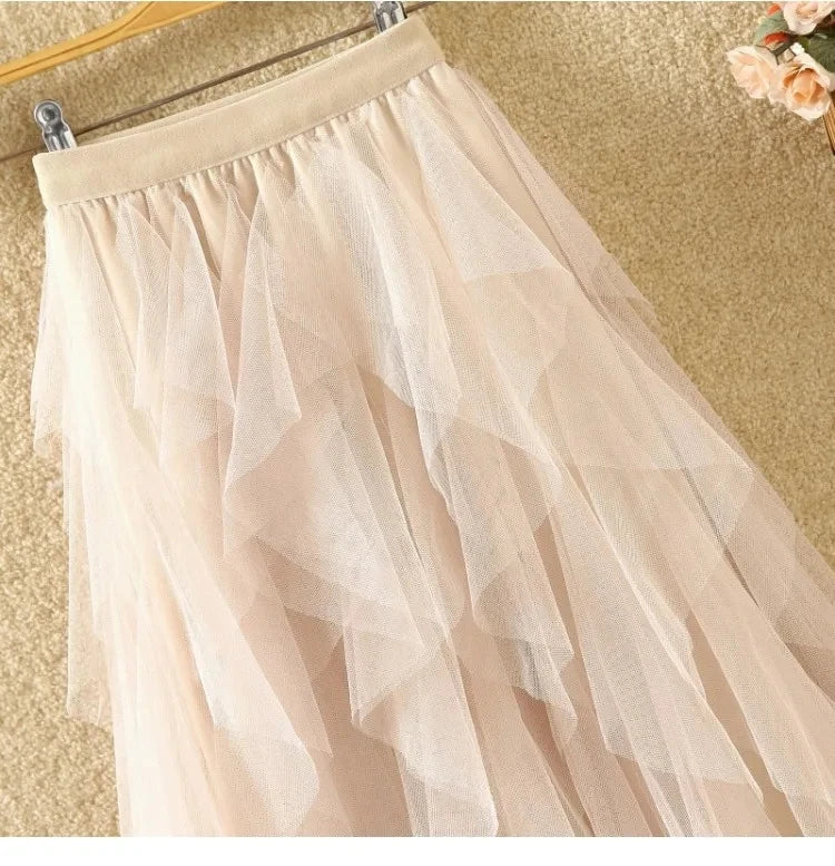 Tutu Tulle Long Maxi Skirt Women Fashion Korean Cute Pink High Waist Pleated Skirt Mesh Female Lady Aesthetic Faldas