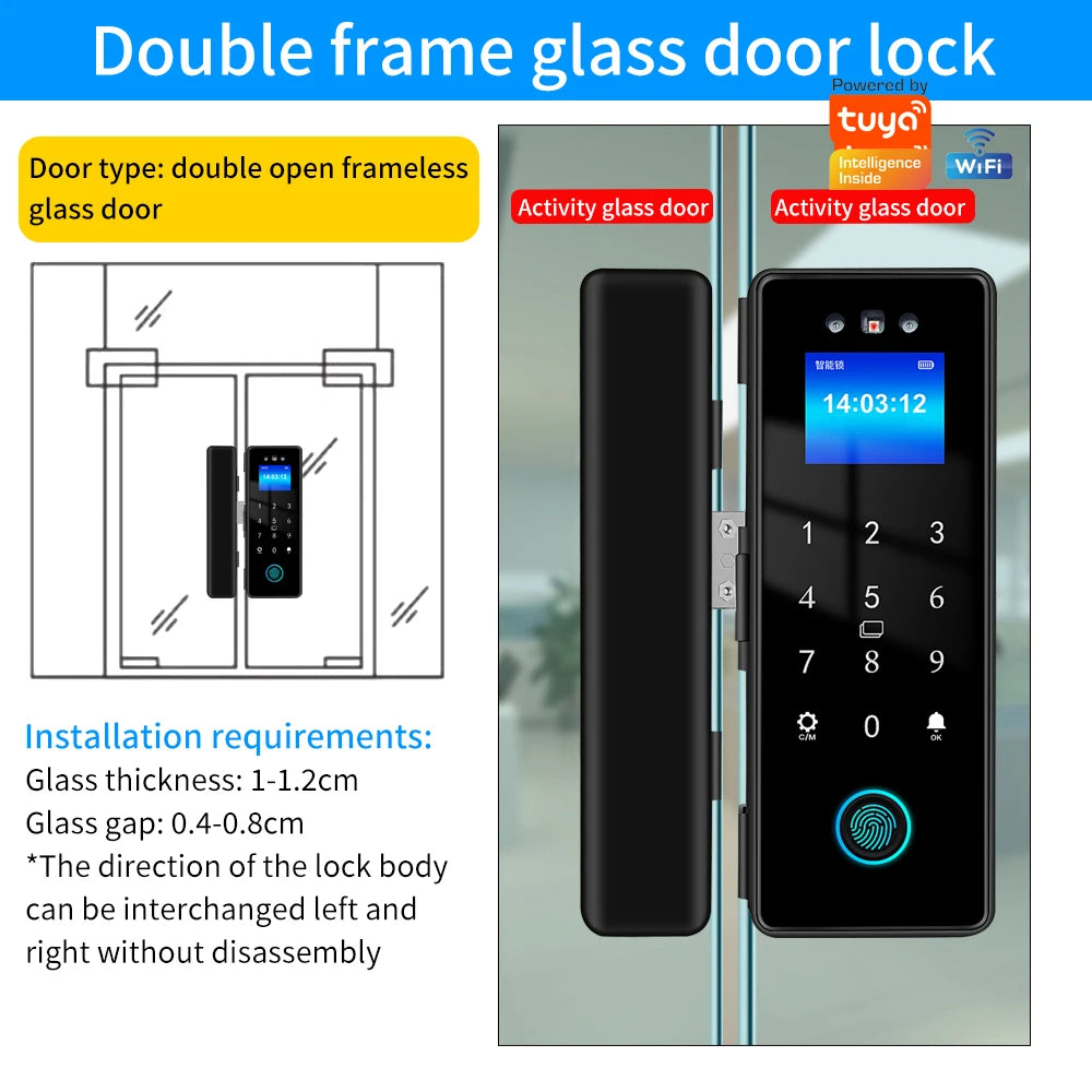 WIFI 3D Face Smart Lock for Glass Door with Camera Fingerprint Face Recognize Card Password Biometric Key App Unlock
