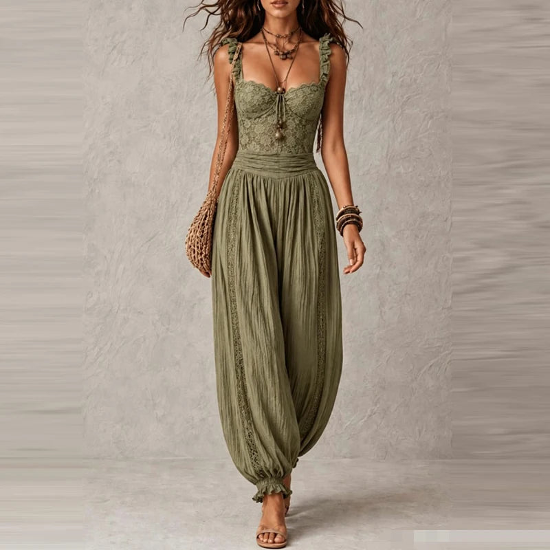 Sexy V-neck Lace Trim Spaghetti Strap Jumpsuits Women Elegant Ruffle Waist Solid Playsuit Overalls Casual Sleeveless Long Romper