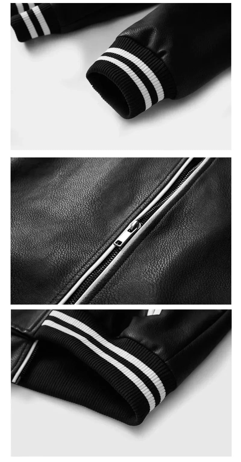 Motorcycle Men Leather Jacket Patchwork Biker Coat Motorcycle Jackets Mens Winter Casual Fleece Warm Coats Stripe Loose Outwear