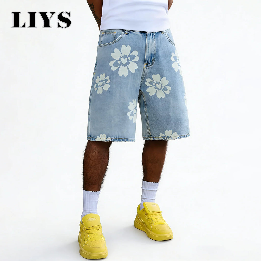 LIYS Fresh Delicate Style Flower Print Fashionable Wide Leg Men's Jeans Y2K Casual Elegant Bermuda Denim Shorts Couple Pants