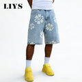 LIYS Fresh Delicate Style Flower Print Fashionable Wide Leg Men's Jeans Y2K Casual Elegant Bermuda Denim Shorts Couple Pants