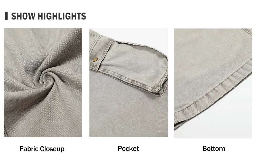 Multi-Pocket Cargo Jeans Mens Retro High Street Washed Distressed Straight Wide Leg Trousers Men