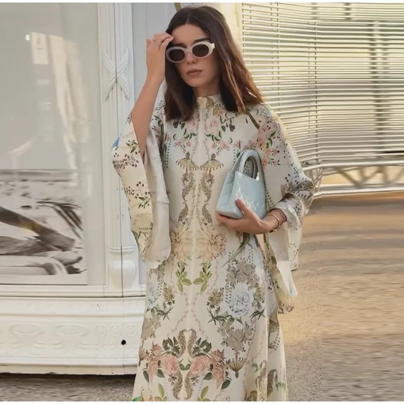 Elegant Women's Printed Long Dresses Loose O-neck Flared Half Sleeve Big Hem Wide Female Dresses 2026 Summer Lady HolidayRobes
