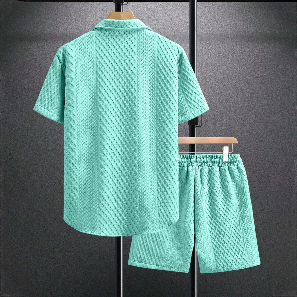 2025 Men'S Clothing Casual Two Piece Set Loose Plus Size Solid Button Down Short Sleeve Shirt & Elastic Waist Belted Shorts Suit