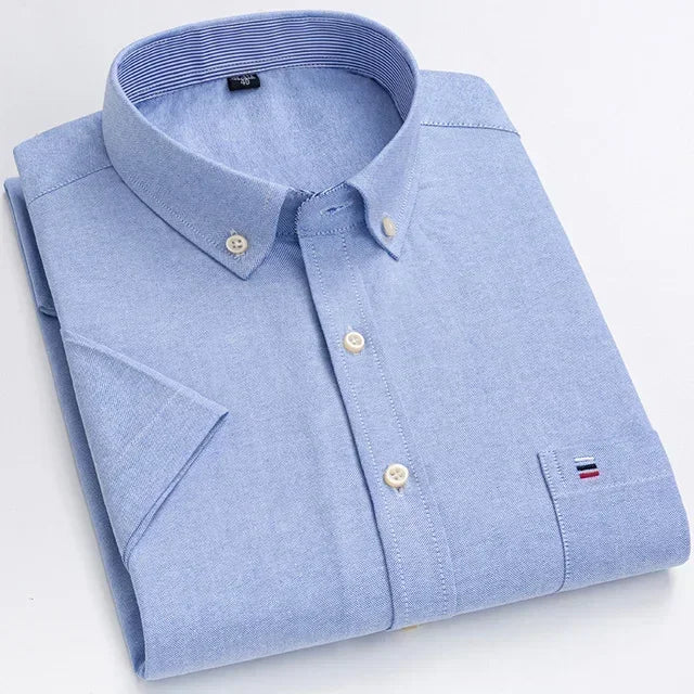 2025 100% Pure Cotton Men's Oxford Short Sleeve Square Collar Soild Plaid Striped Summer Casual Shirts Single Pocket  Shirt