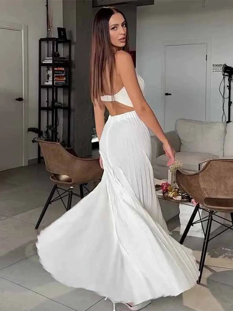 Elegant Solid Pleated Off Shoulder Long Dresses for Women Chic Sleeveless Backless Female Maxi Dress Summer New Beach Party Robe