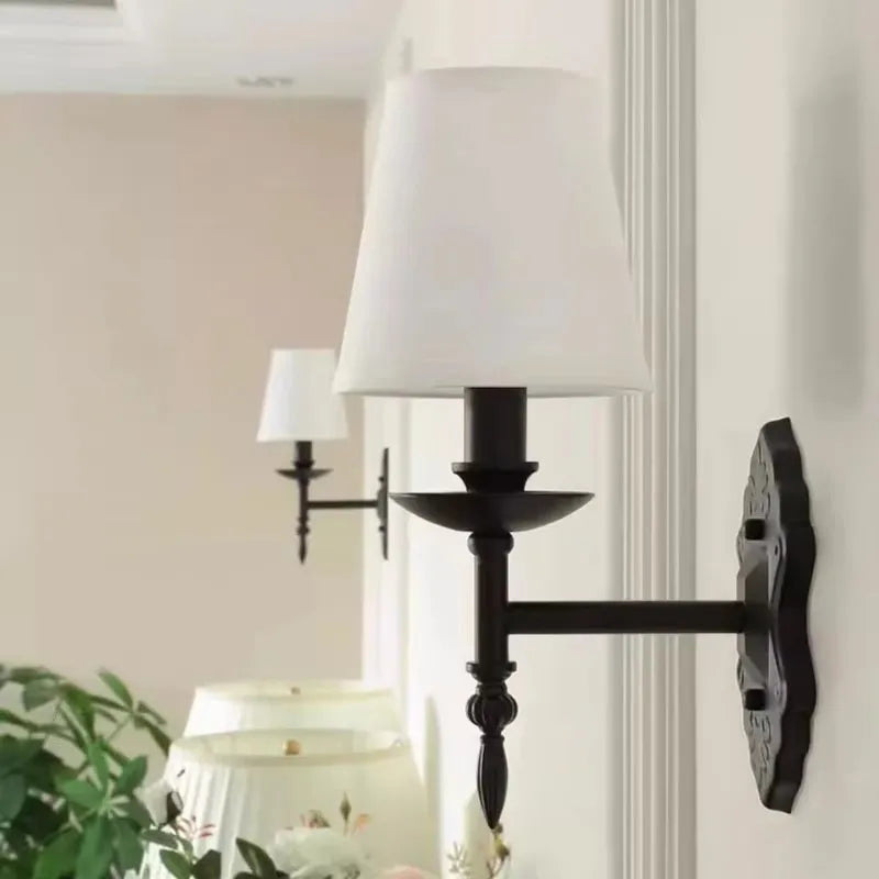 American Black Iron Wall Lamp Retro Living Room Bedroom Bedside Hotel European Countryside Study E14 Fabric Wall Light Sconce